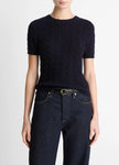CABLE KNIT WOOL CASHMERE BLEND SHORT SLEEVE SWEATER