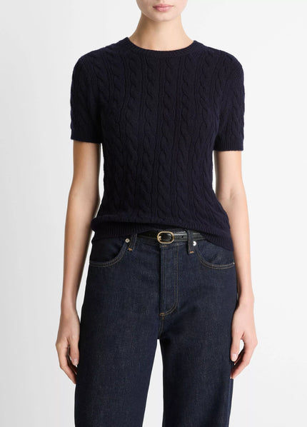CABLE KNIT WOOL CASHMERE BLEND SHORT SLEEVE SWEATER