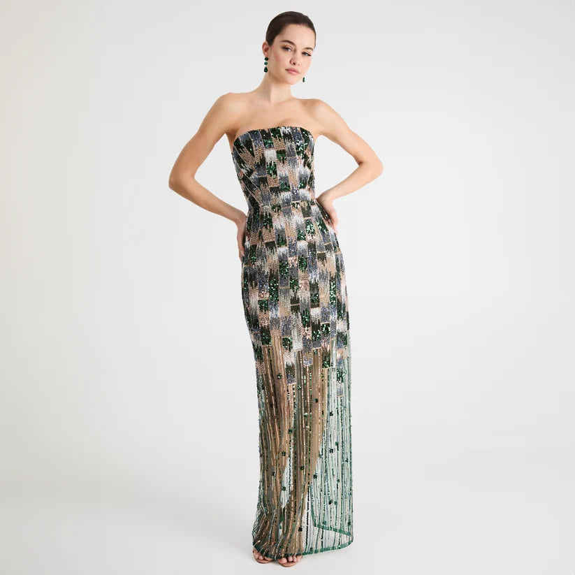 CHER BEADED STRAPLESS DRESS WITH SHEER SKIRT