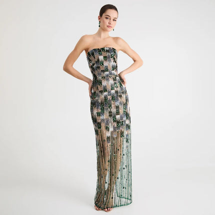 CHER BEADED STRAPLESS DRESS WITH SHEER SKIRT