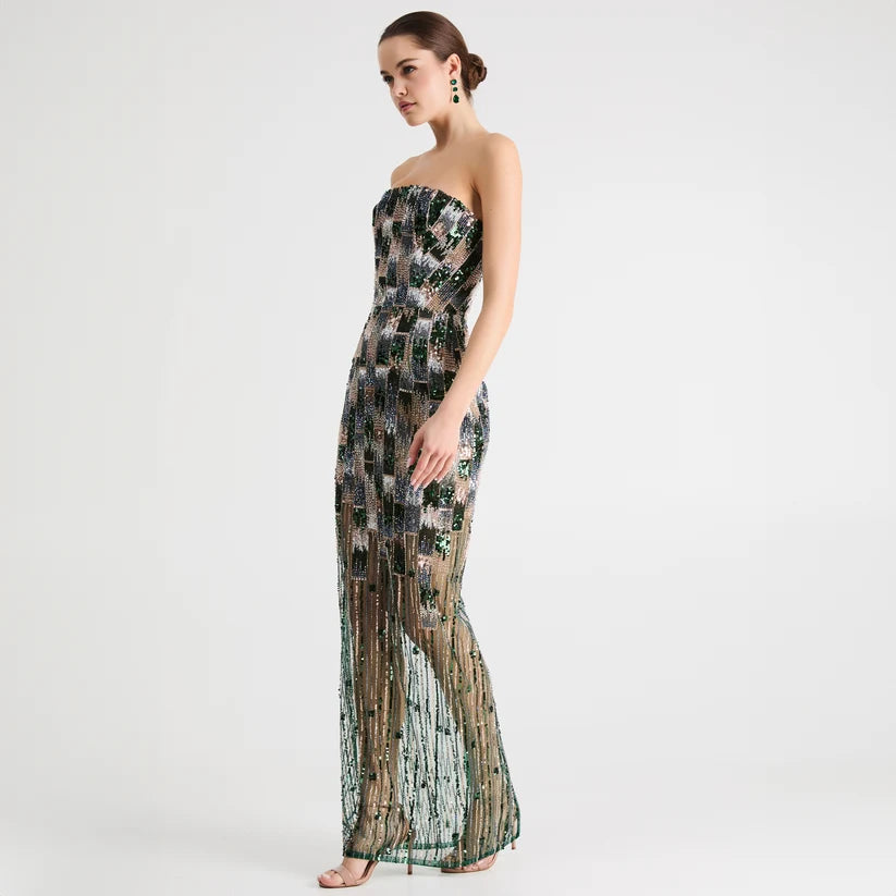 CHER BEADED STRAPLESS DRESS WITH SHEER SKIRT