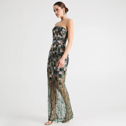 CHER BEADED STRAPLESS DRESS WITH SHEER SKIRT