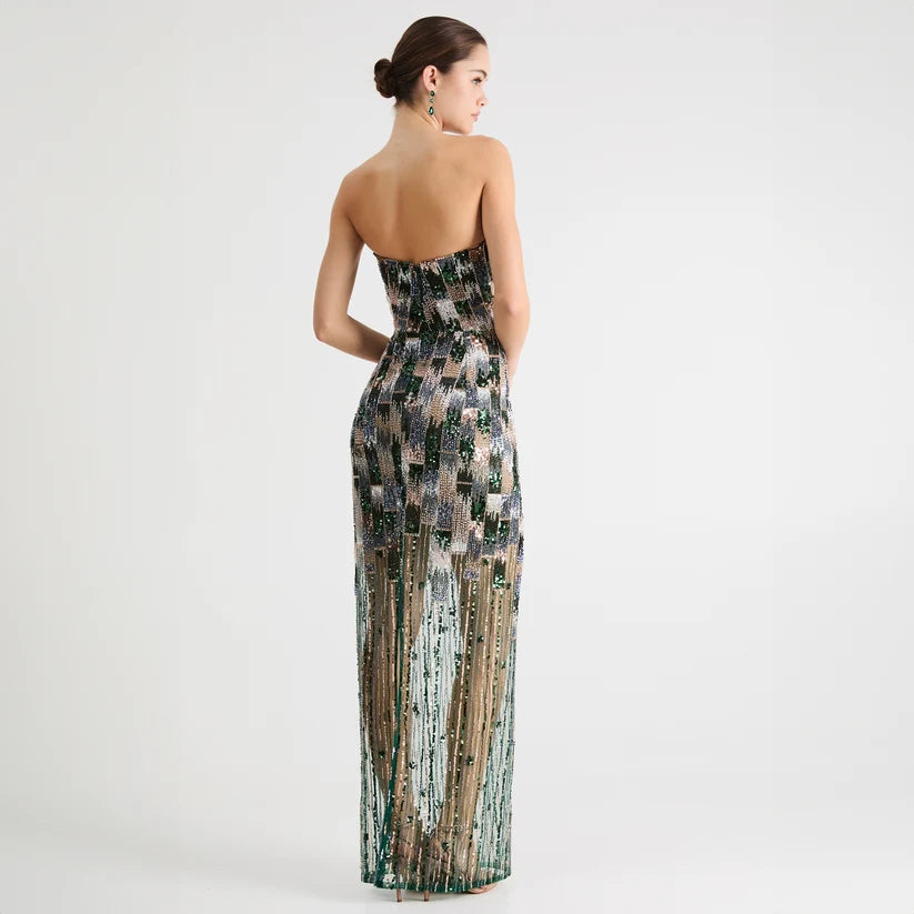 CHER BEADED STRAPLESS DRESS WITH SHEER SKIRT