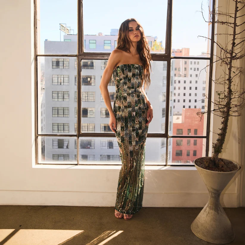 CHER BEADED STRAPLESS DRESS WITH SHEER SKIRT