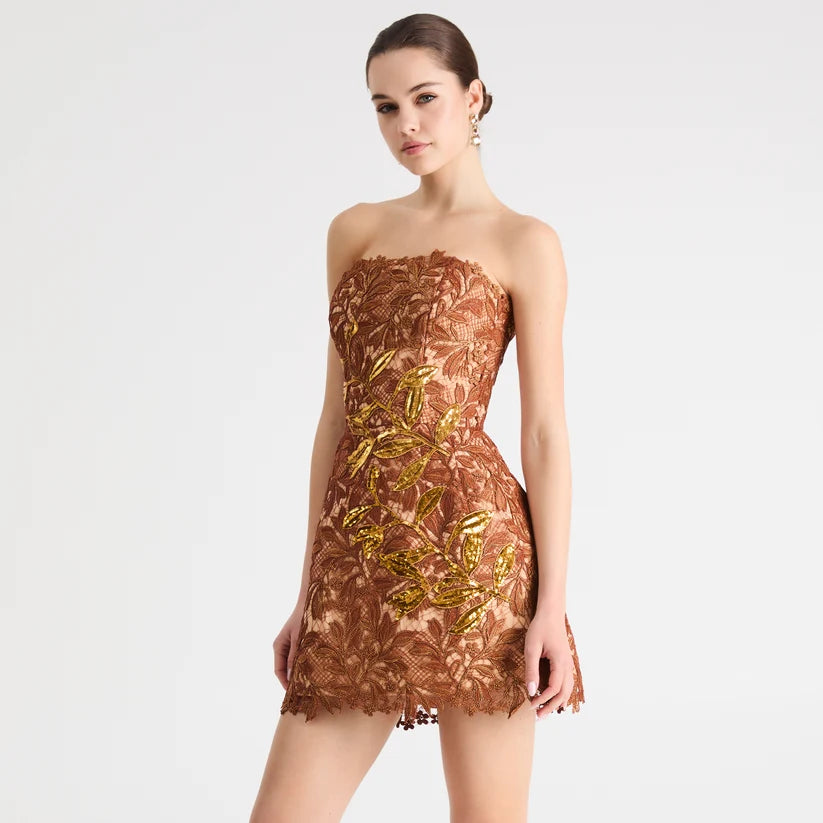 CLEO STRAPLESS FLORAL LACE MINI DRESS