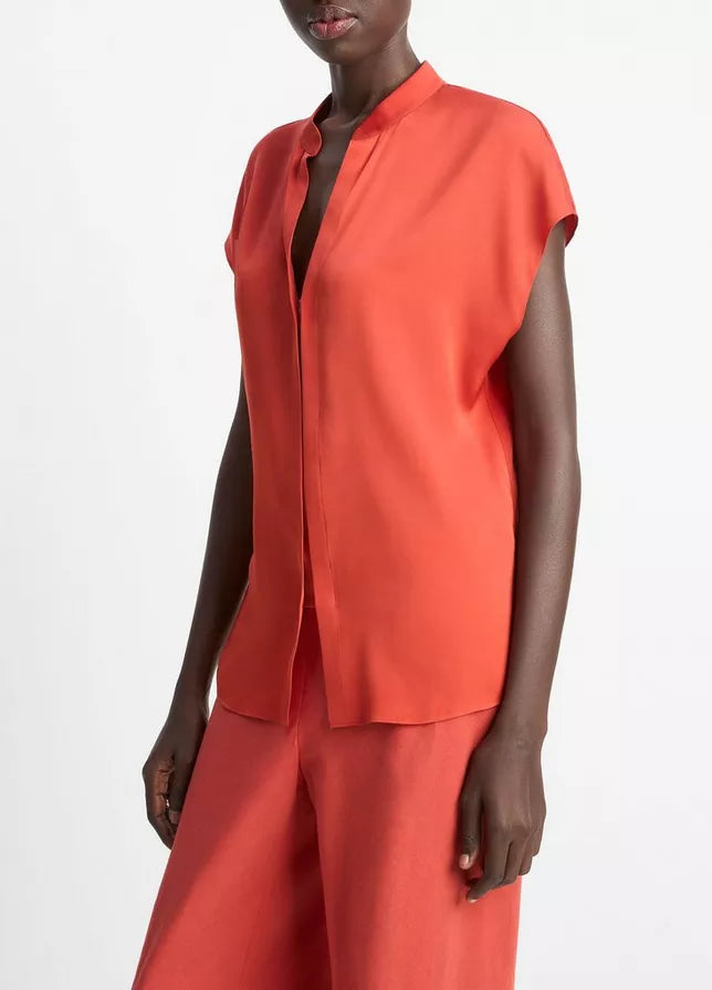 CONTRAST PLACKET STRETCH SILK CAP SLEEVE BLOUSE