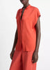 CONTRAST PLACKET STRETCH SILK CAP SLEEVE BLOUSE