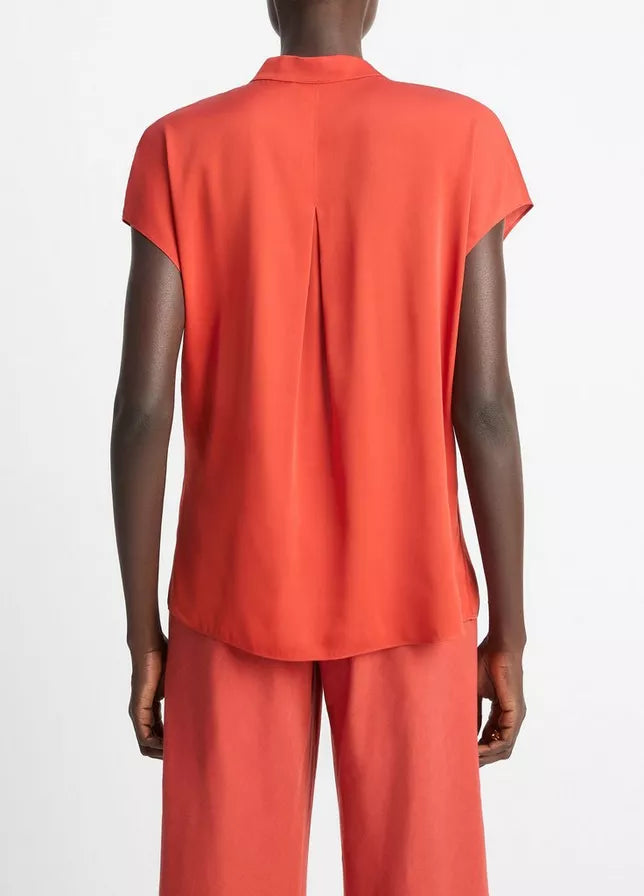 CONTRAST PLACKET STRETCH SILK CAP SLEEVE BLOUSE