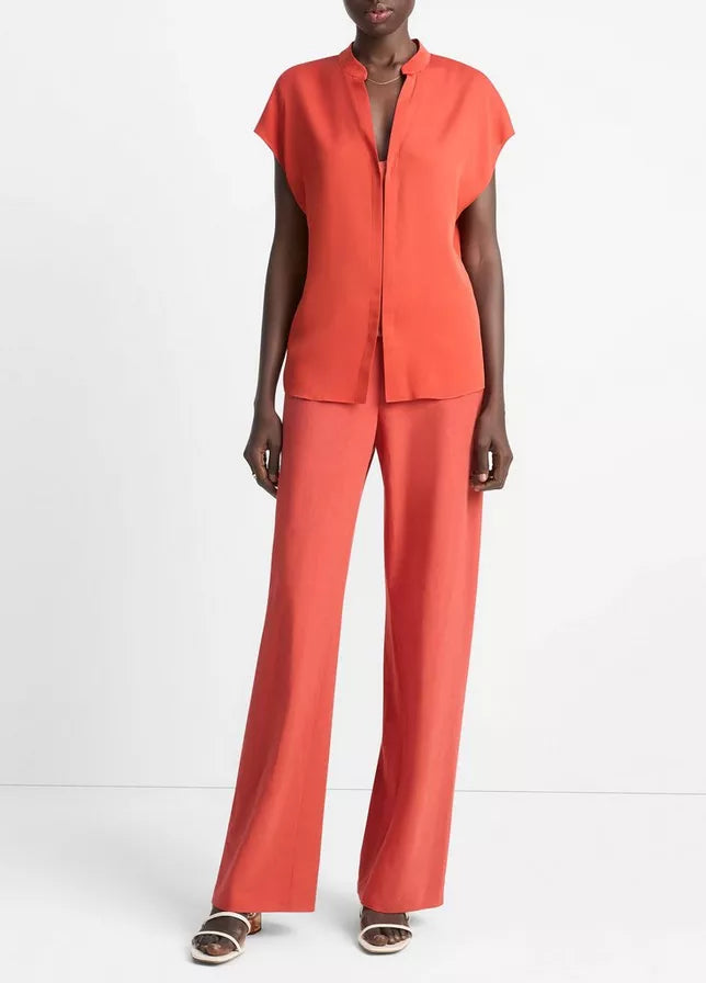 CONTRAST PLACKET STRETCH SILK CAP SLEEVE BLOUSE