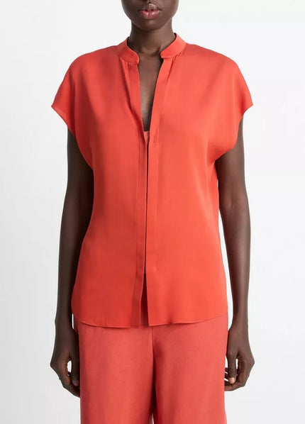 CONTRAST PLACKET STRETCH SILK CAP SLEEVE BLOUSE