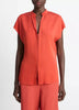 CONTRAST PLACKET STRETCH SILK CAP SLEEVE BLOUSE