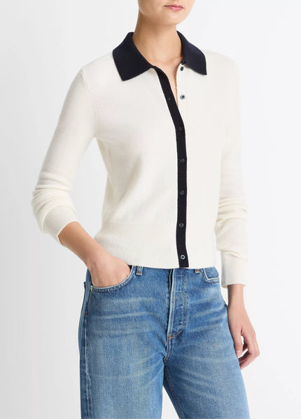 CONTRAST TRIM WOOL CASHMERE BLEND COLLARED CARDIGAN