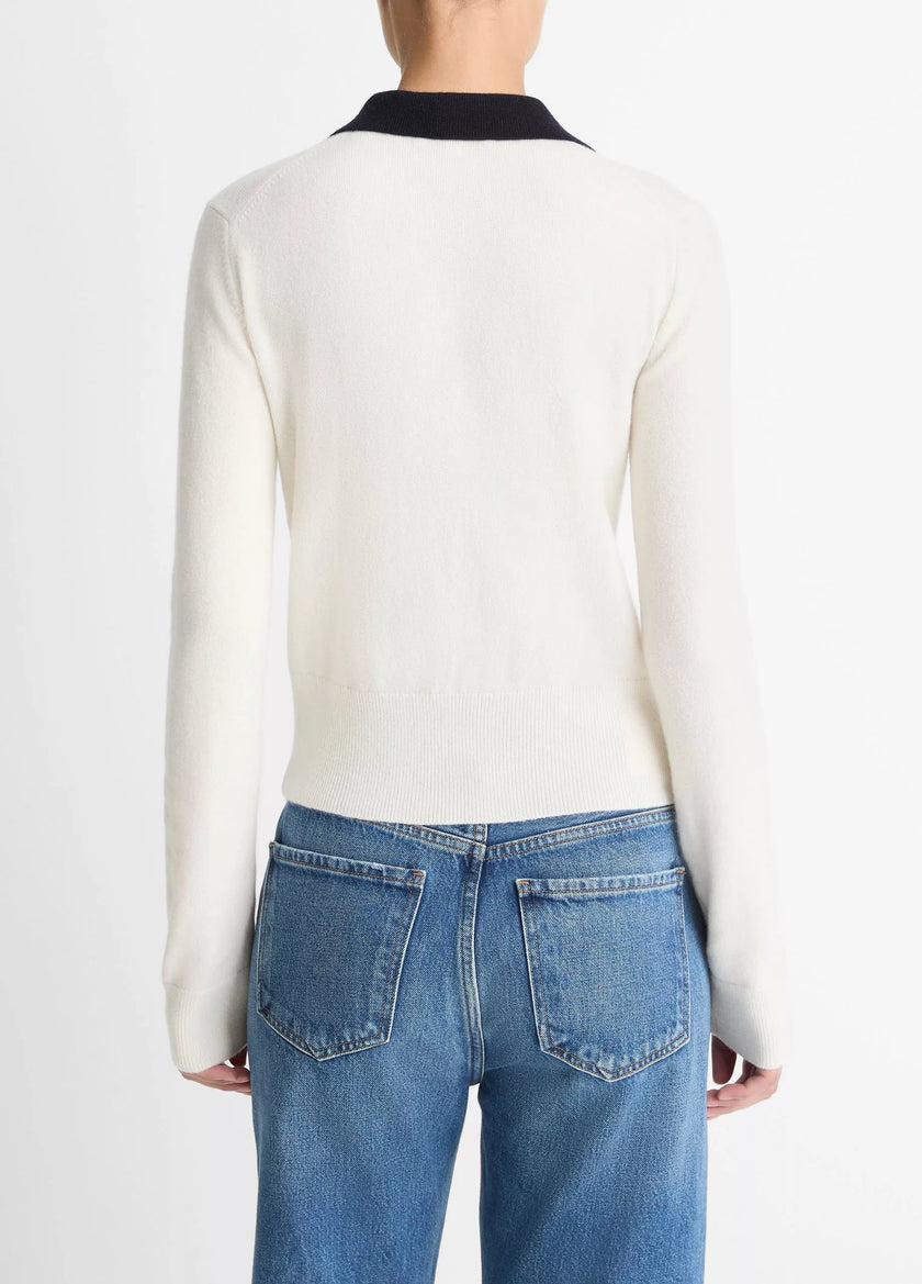 CONTRAST TRIM WOOL CASHMERE BLEND COLLARED CARDIGAN