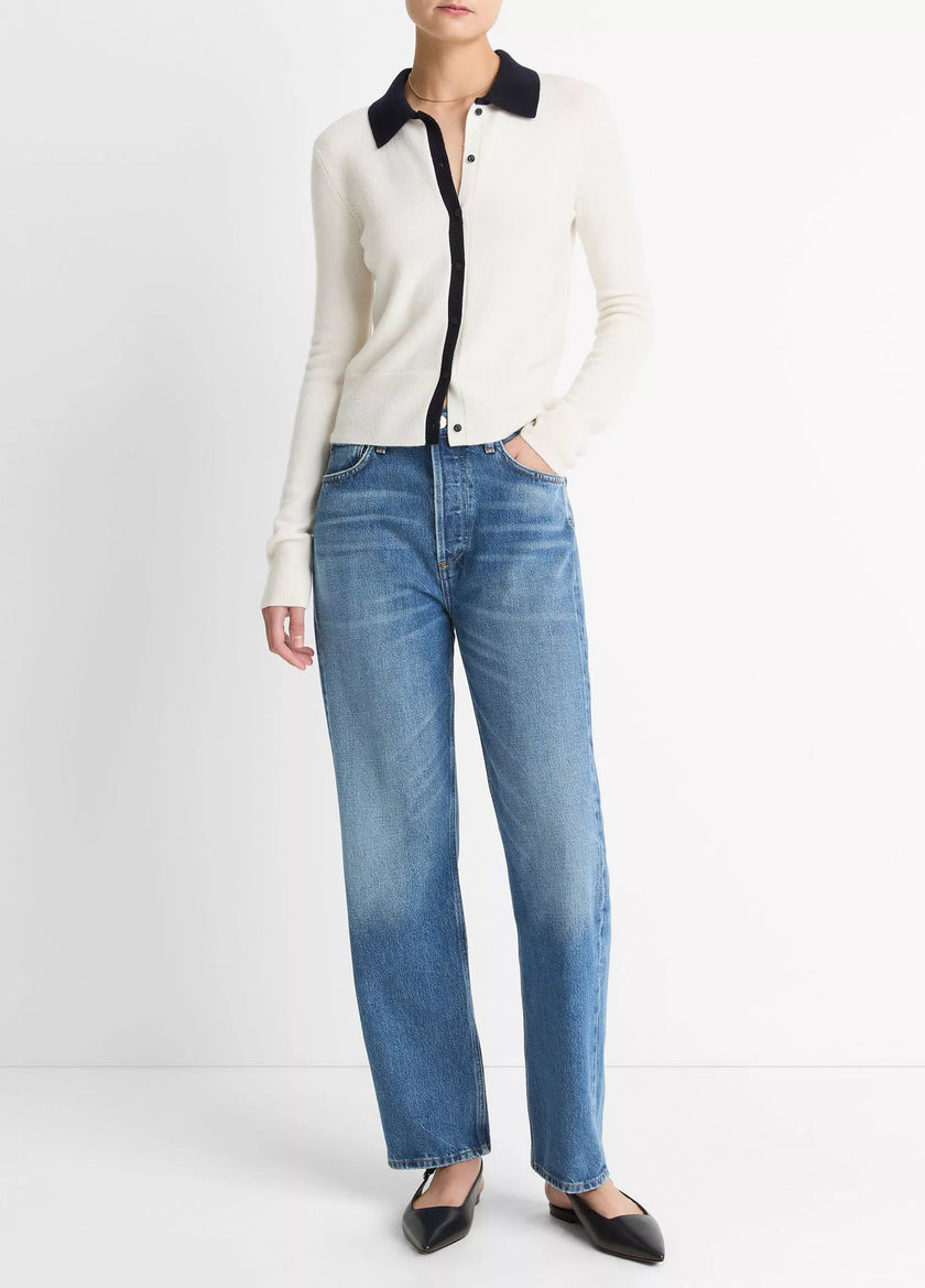 CONTRAST TRIM WOOL CASHMERE BLEND COLLARED CARDIGAN
