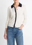 CONTRAST TRIM WOOL CASHMERE BLEND COLLARED CARDIGAN