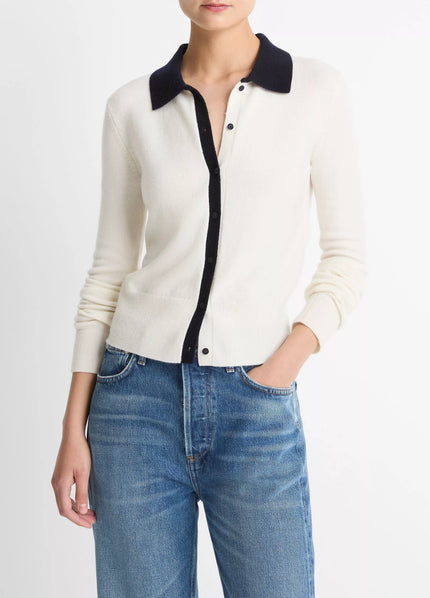 CONTRAST TRIM WOOL CASHMERE BLEND COLLARED CARDIGAN
