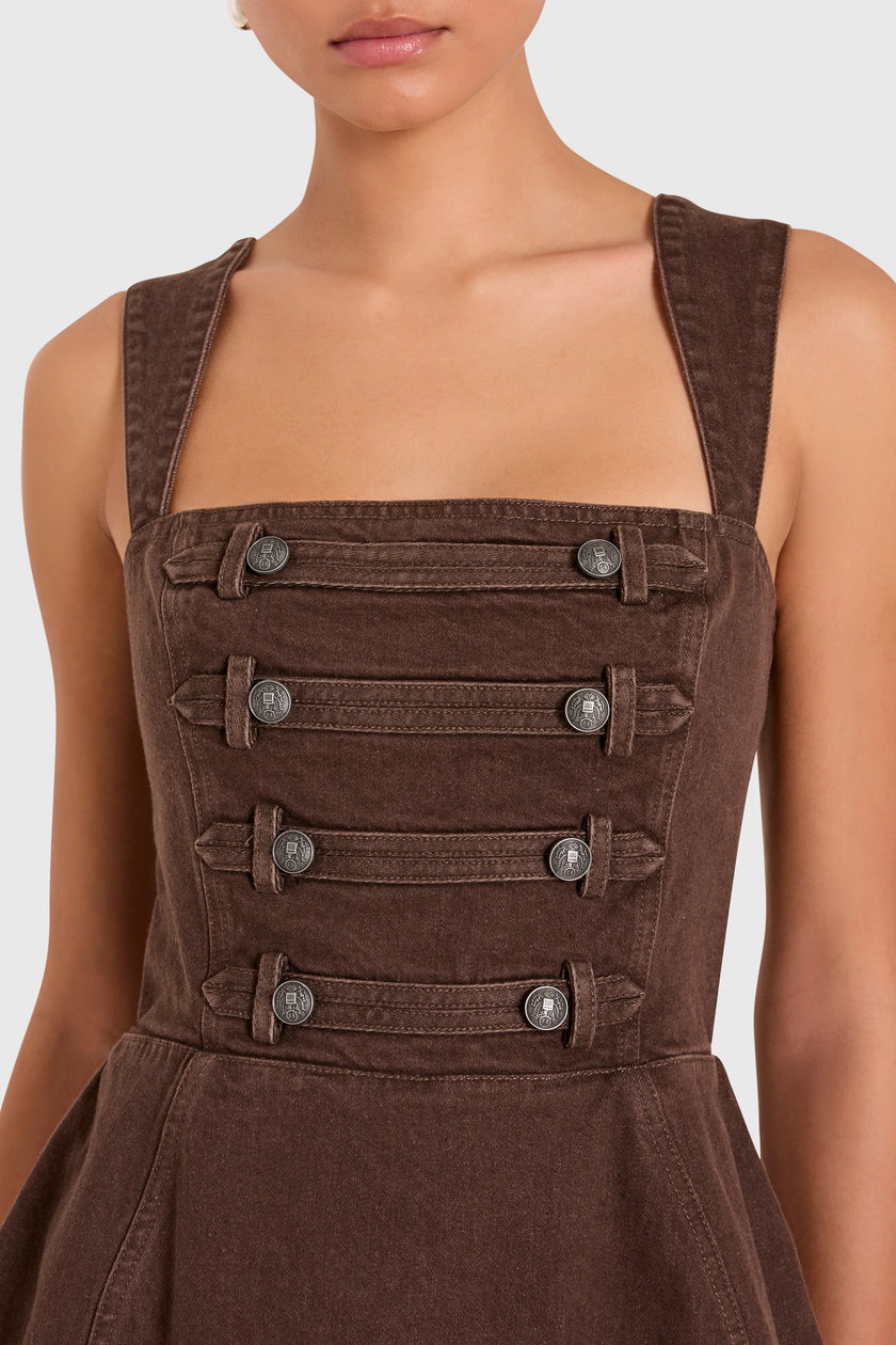 BETHANY ROMPER IN BROWN DENIM