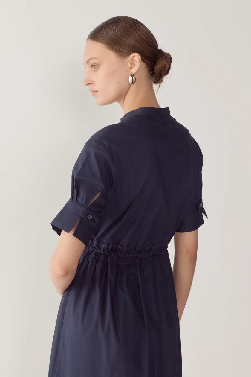 YOLANDA DRESS IN NAVY POPLIN