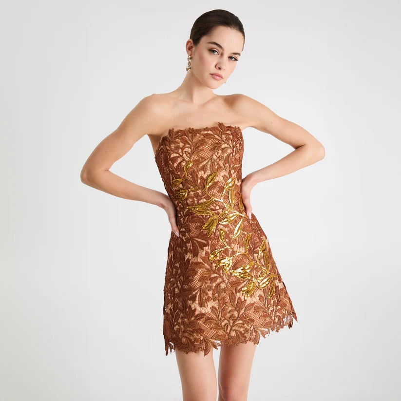 CLEO STRAPLESS FLORAL LACE MINI DRESS