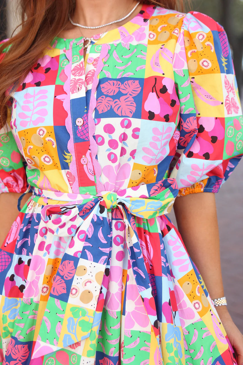 FRUIT QUILT RIC RAC TIER MAXI DRESS