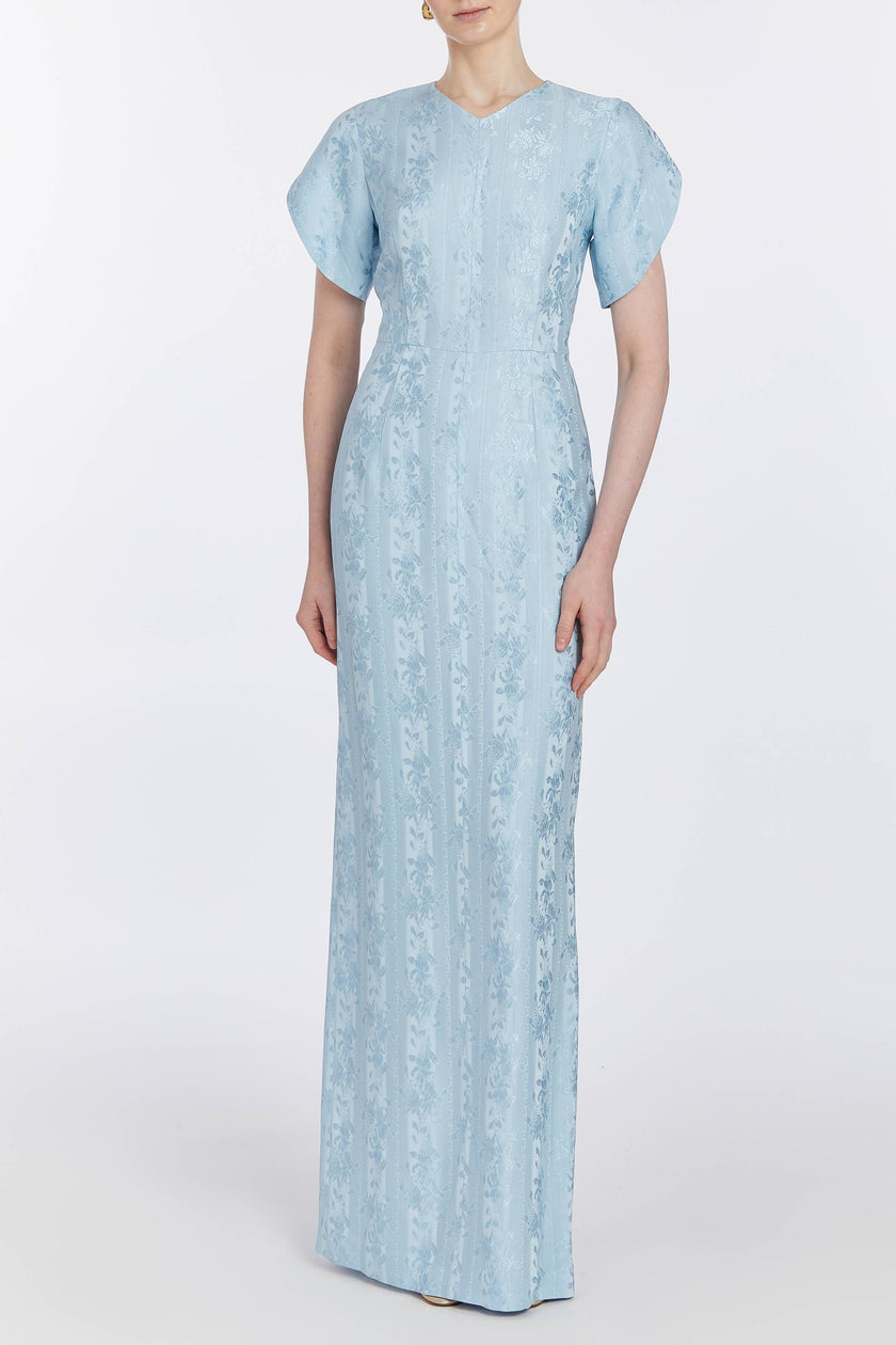 DAHLIA BLUE FLORAL PETAIL JACQUARD GOWN