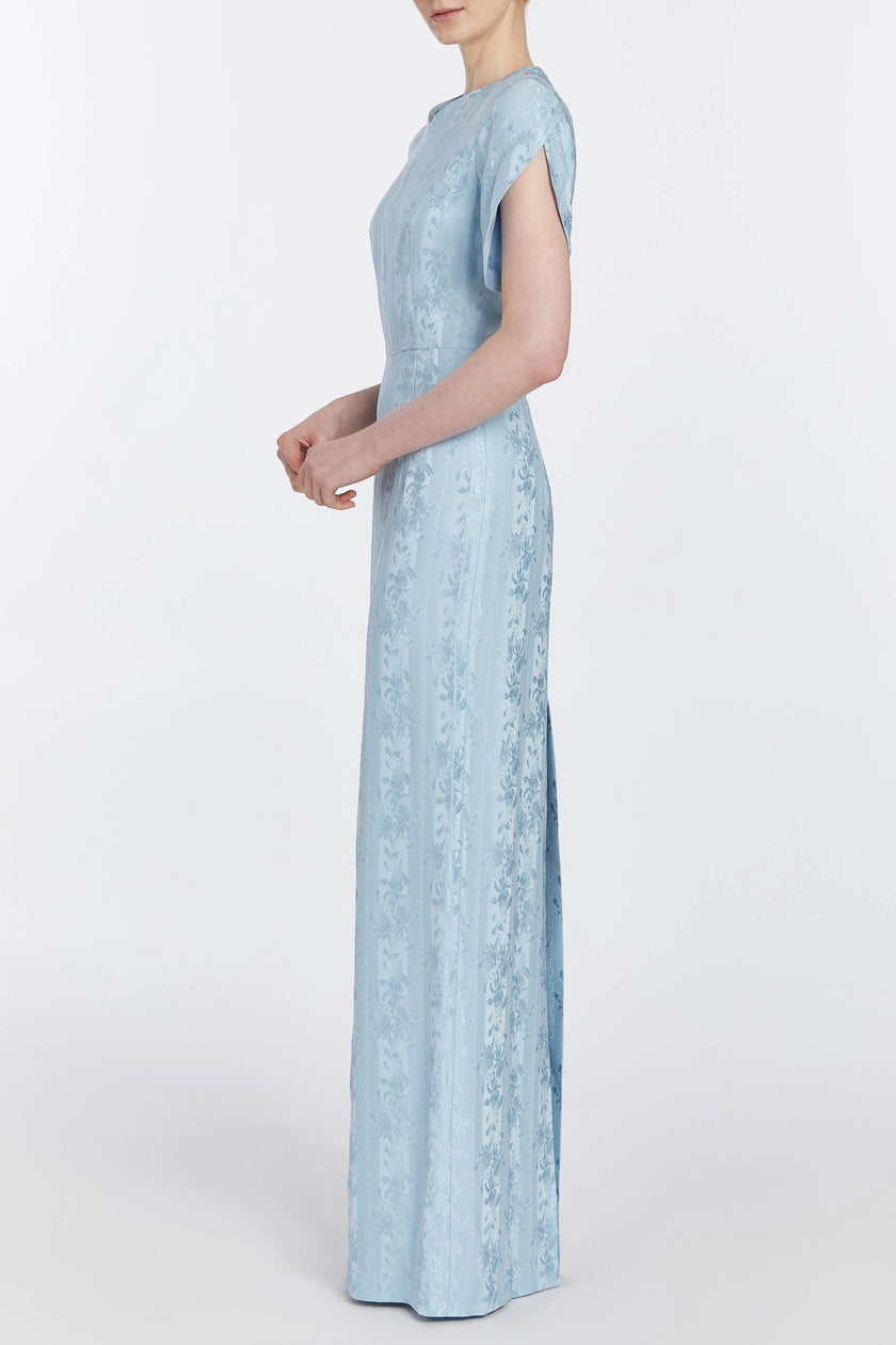 DAHLIA BLUE FLORAL PETAIL JACQUARD GOWN