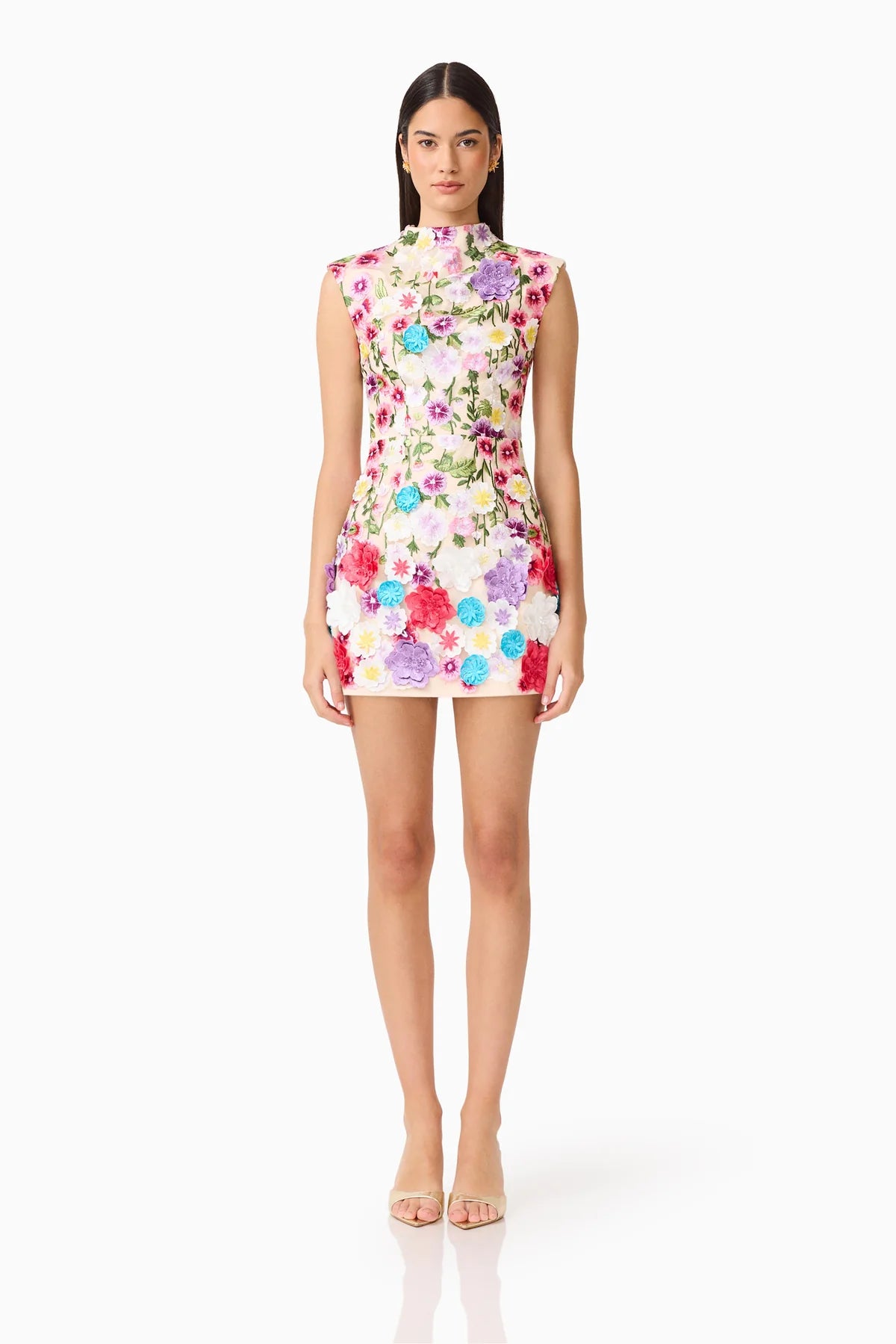 ROSETTE SLEEVELESS MINI DRESS IN MULTI FLORAL