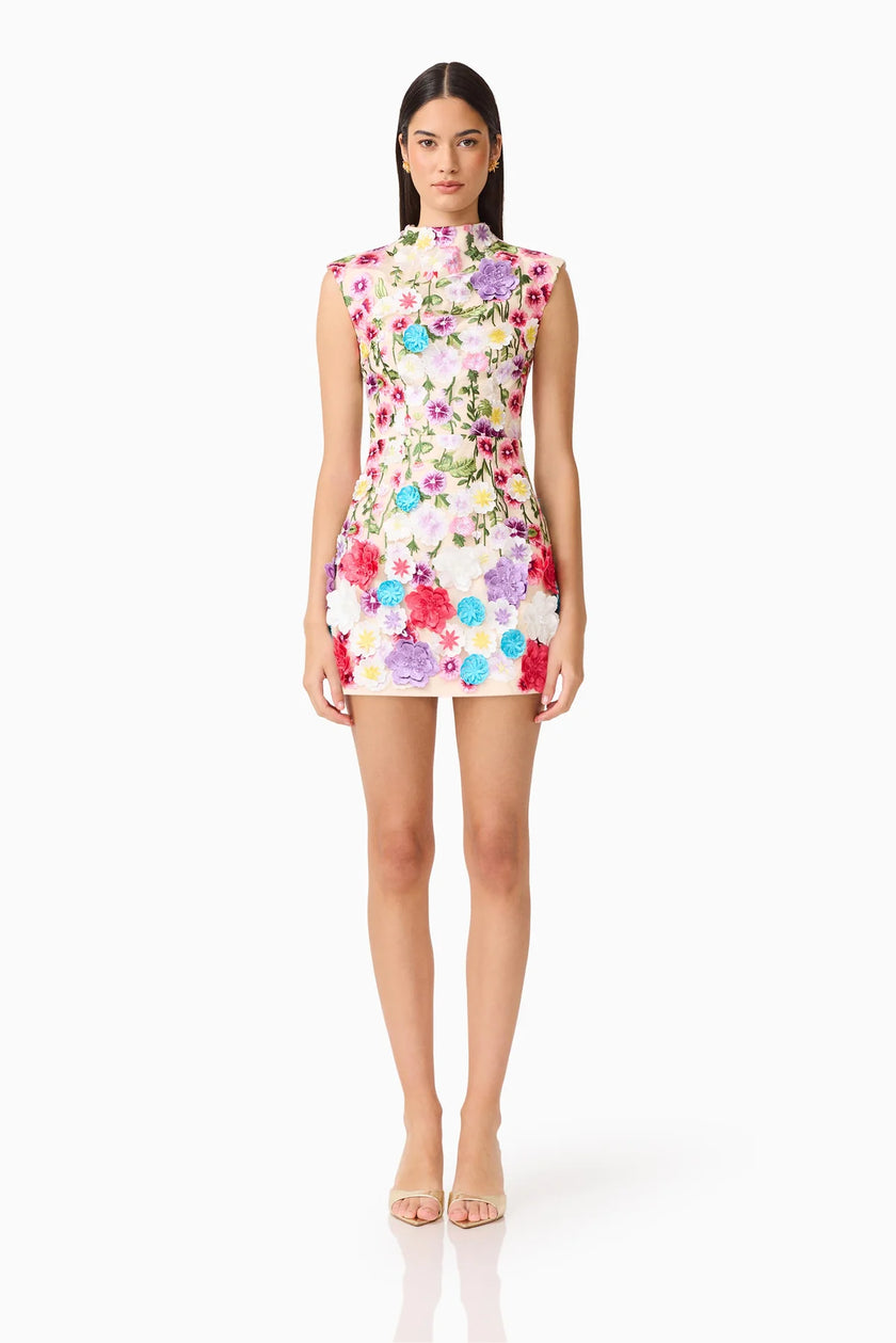 ROSETTE SLEEVELESS MINI DRESS IN MULTI FLORAL