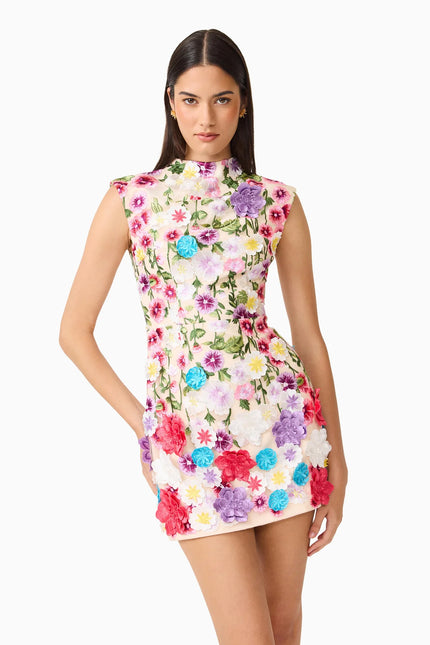 ROSETTE SLEEVELESS MINI DRESS IN MULTI FLORAL