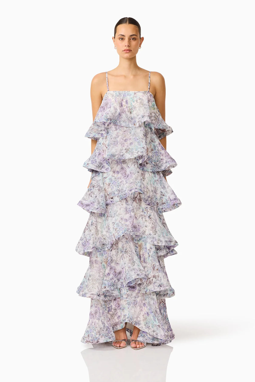 ROSARIA TIERED GOWN IN PURPLE FLORAL