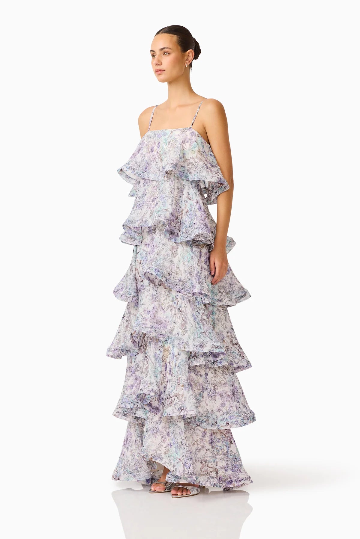 ROSARIA TIERED GOWN IN PURPLE FLORAL