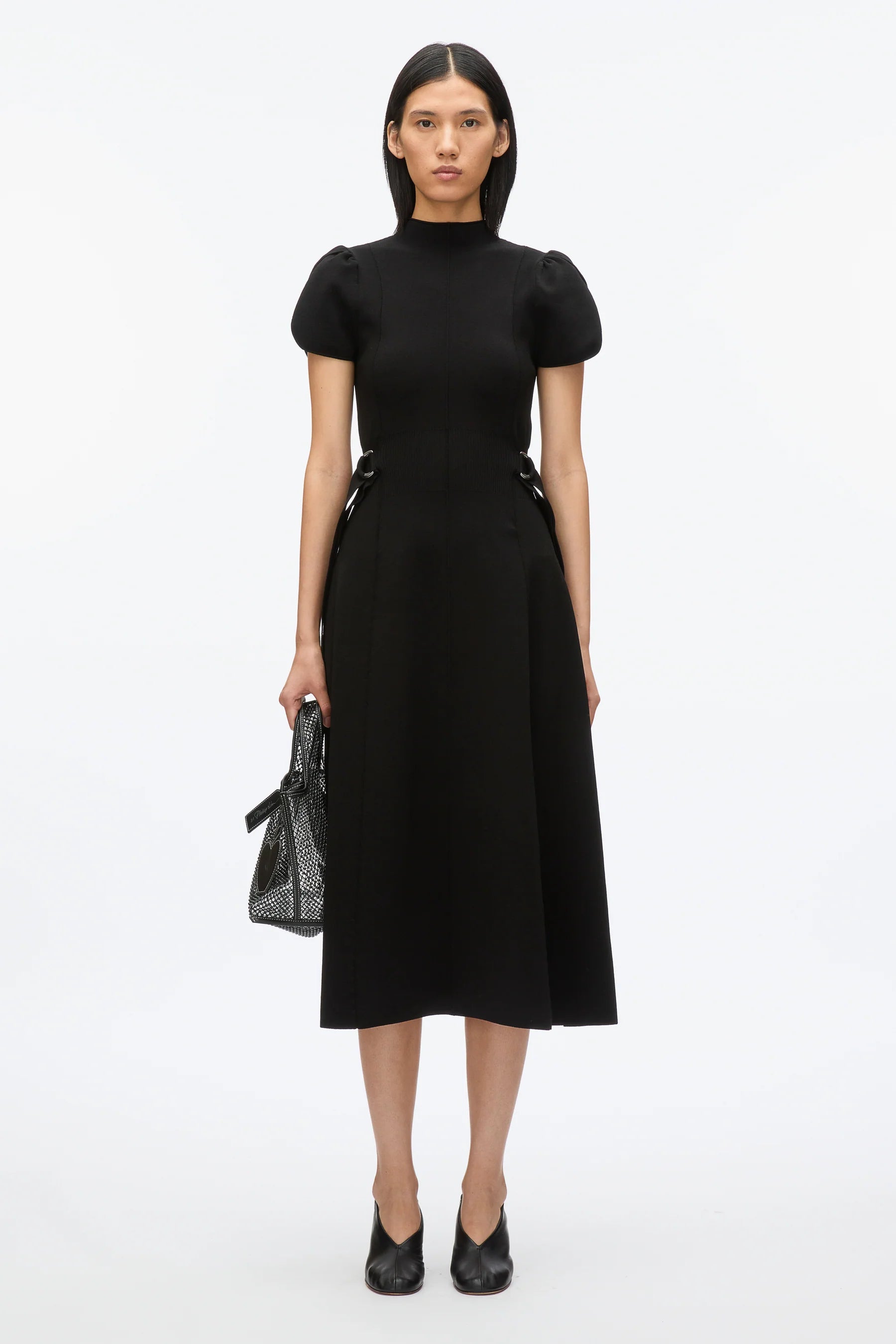 COMPACT RIB TULIP DRESS IN BLACK