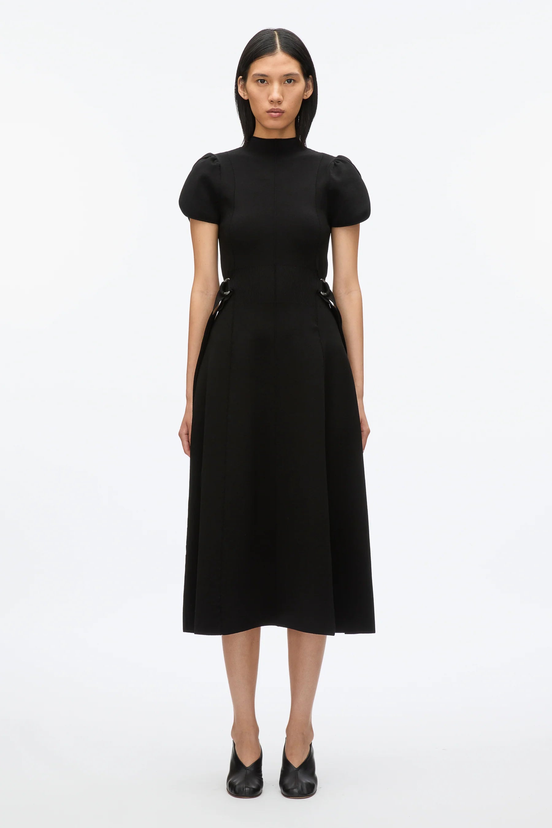 COMPACT RIB TULIP DRESS IN BLACK