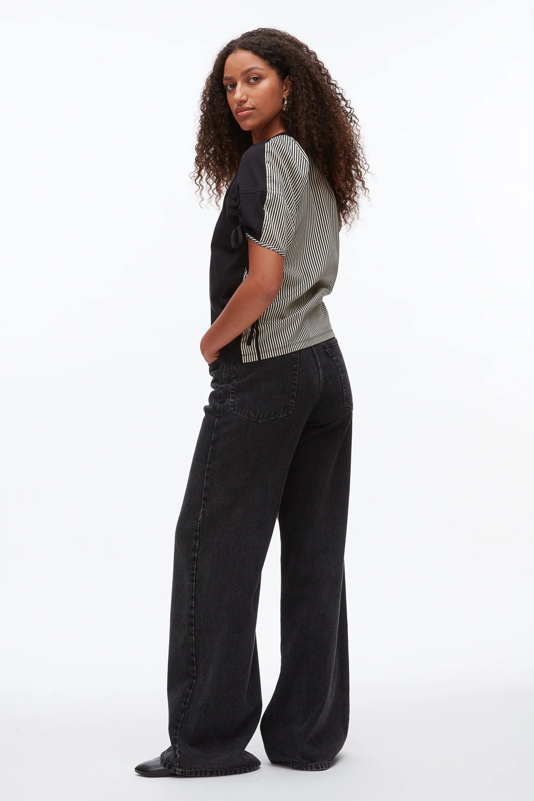 RUCHED TSHIRT WITH POPLIN BACK