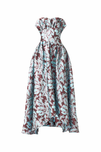 BLOOMIA ALINE GOWN IN BROWN AND BLUE FLORAL