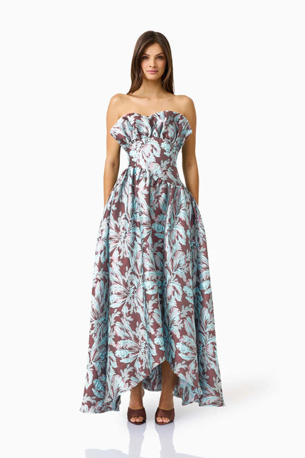 BLOOMIA ALINE GOWN IN BROWN AND BLUE FLORAL