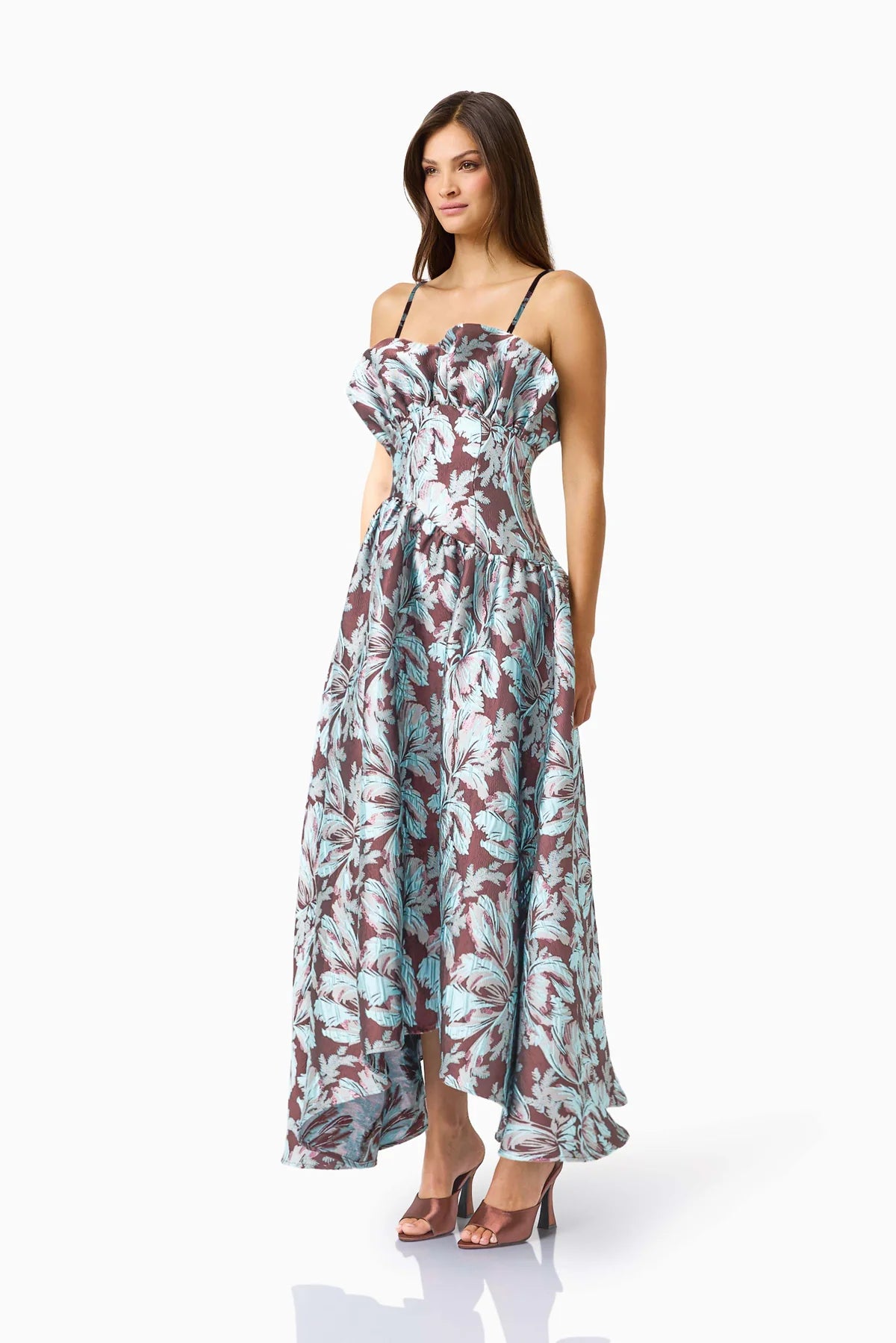 BLOOMIA ALINE GOWN IN BROWN AND BLUE FLORAL