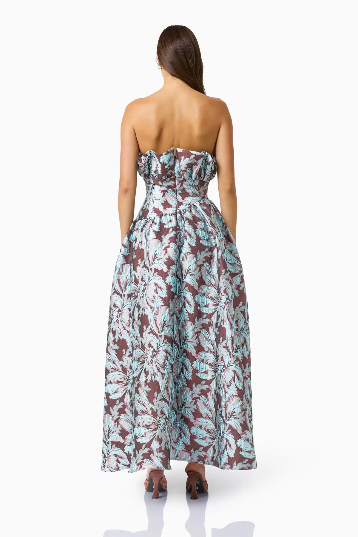 BLOOMIA ALINE GOWN IN BROWN AND BLUE FLORAL