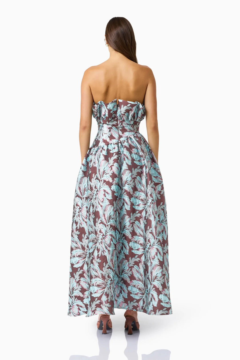 BLOOMIA ALINE GOWN IN BROWN AND BLUE FLORAL