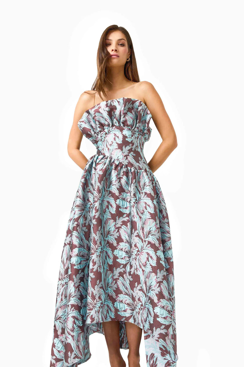 BLOOMIA ALINE GOWN IN BROWN AND BLUE FLORAL