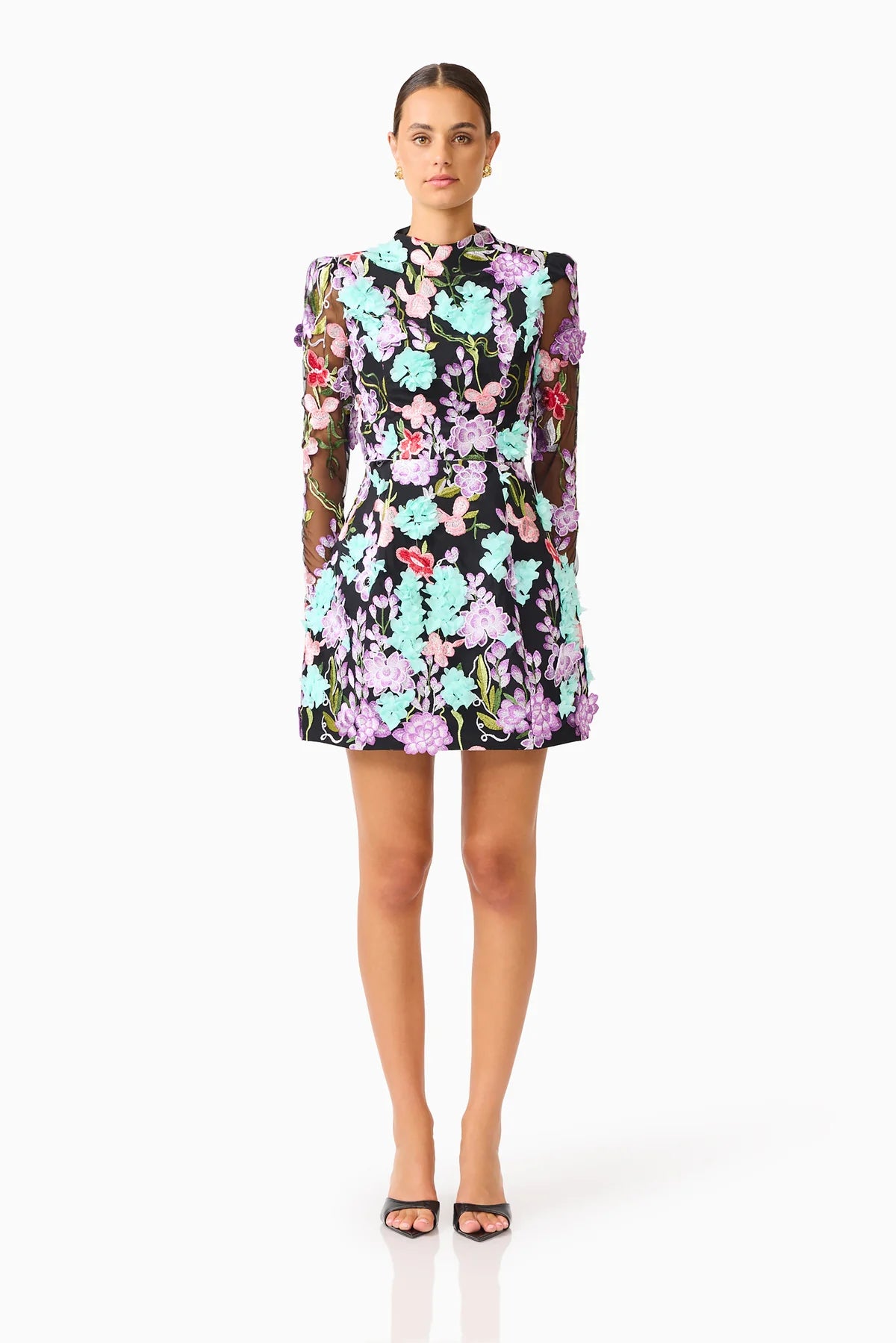 VELORIA LONG SLEEVE MINI DRESS IN BLACK AND PASTEL FLORAL