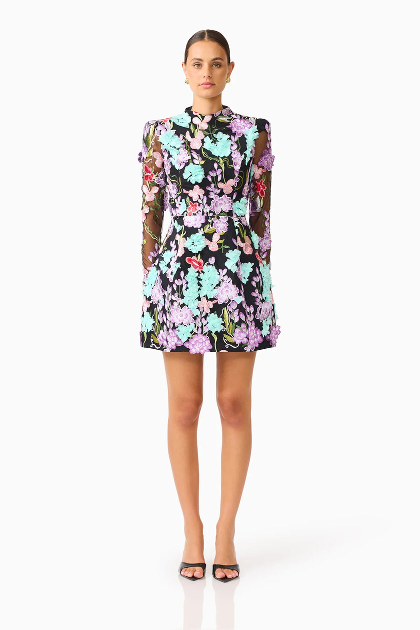 VELORIA LONG SLEEVE MINI DRESS IN BLACK AND PASTEL FLORAL