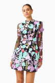 VELORIA LONG SLEEVE MINI DRESS IN BLACK AND PASTEL FLORAL