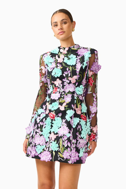 VELORIA LONG SLEEVE MINI DRESS IN BLACK AND PASTEL FLORAL