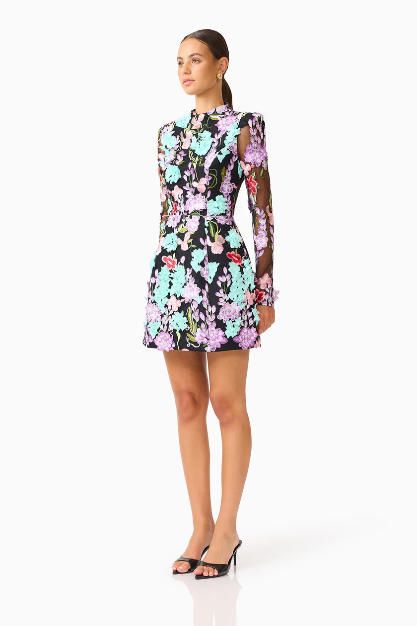 VELORIA LONG SLEEVE MINI DRESS IN BLACK AND PASTEL FLORAL