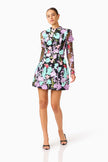 VELORIA LONG SLEEVE MINI DRESS IN BLACK AND PASTEL FLORAL