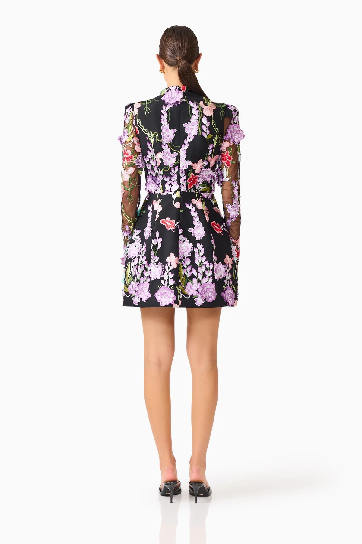VELORIA LONG SLEEVE MINI DRESS IN BLACK AND PASTEL FLORAL