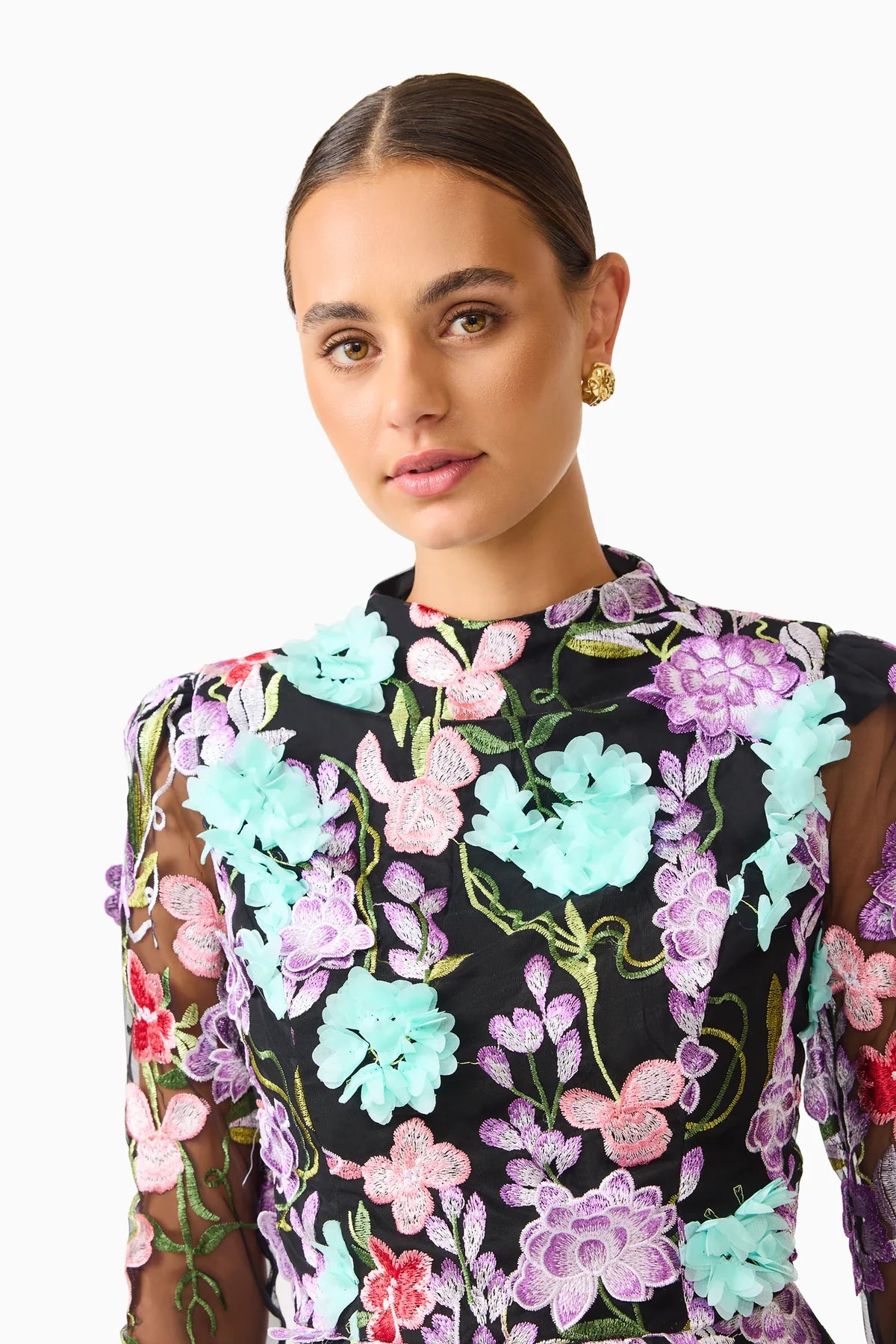 VELORIA LONG SLEEVE MINI DRESS IN BLACK AND PASTEL FLORAL