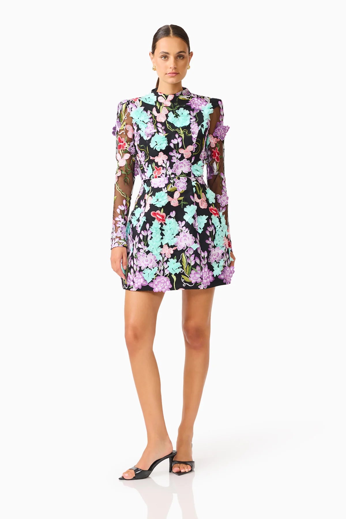 VELORIA LONG SLEEVE MINI DRESS IN BLACK AND PASTEL FLORAL