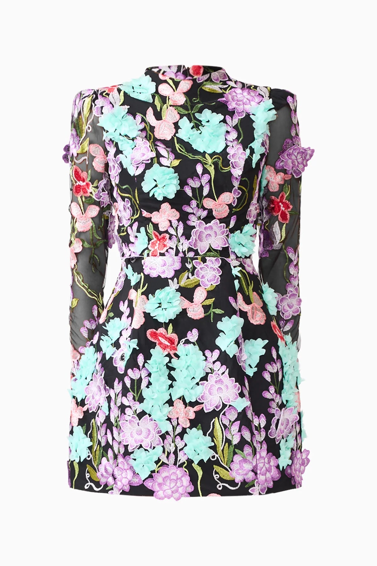 VELORIA LONG SLEEVE MINI DRESS IN BLACK AND PASTEL FLORAL